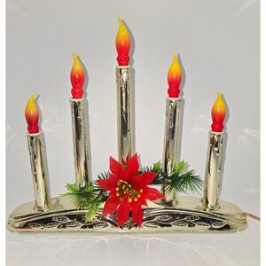 Vintage Kitsch Silver window Candelabra with orange flame bulbs, Christmas Decor